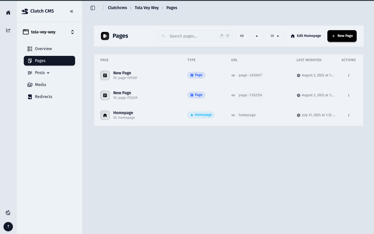 Clutch CMS Pages Dashboard - List of website pages with thumbnail previews, status indicators, and quick actions