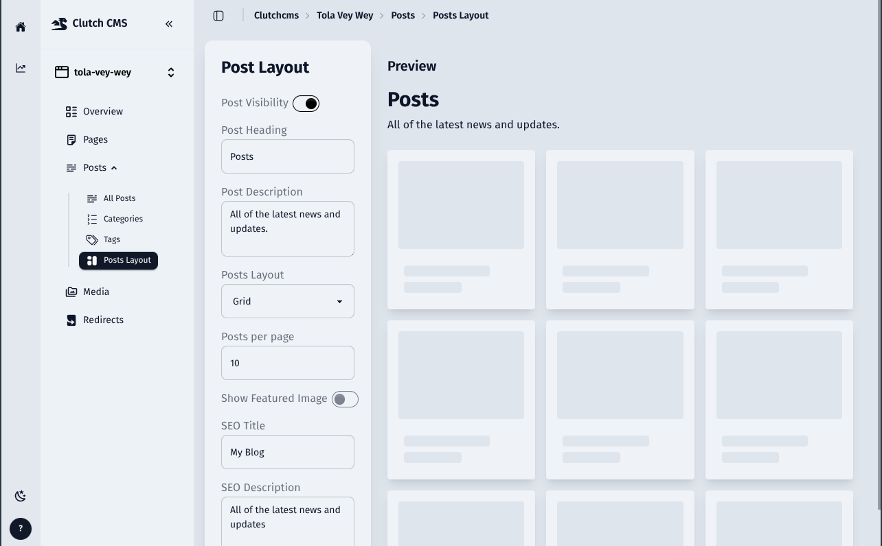 Post Layout Editor - Intuitive content creation interface for Clutch CMS sites showing drag-and-drop components, rich text editing, media embedding, and real-time preview for creating engaging blog posts and web content